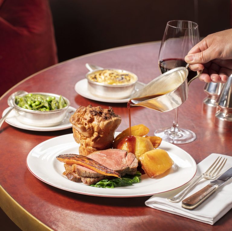 Sunday roast served at Mount St. restaurant in Mayfair with beef, Yorkshire pudding and roast potatoes